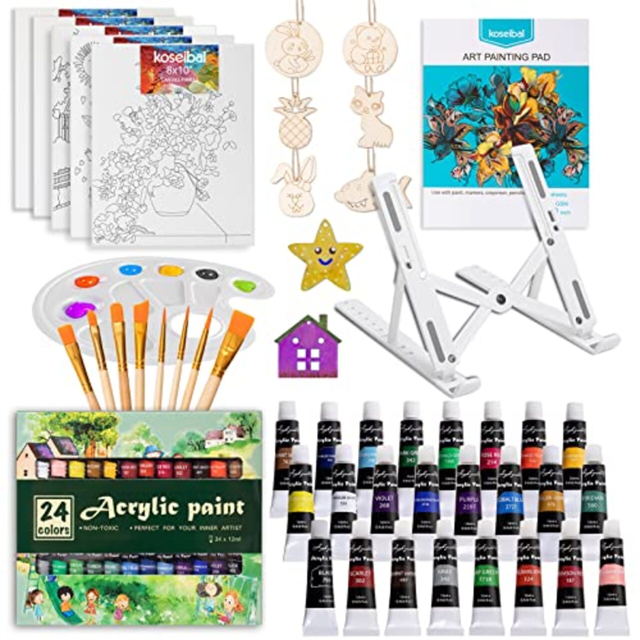 48 Piece Painting kit with 24 Acrylic Paints, 8 DIY Wooden Stencils 5 Canvas Panels 8 Brushes, Table Easel, Etc, Art Supplies Set for Kids Students Artists and Beginner.